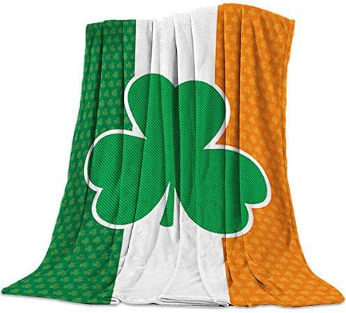 JOOCAR Flannel Throw Blanket St. Patrick's Day Irish Flag and Green Clover Shamrock Blanket Cozy and Soft Plush Warm Blankets for Bed Couch Living Room Sofa Chair 50x60 Inch
