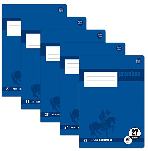 Staufen Premium Schulheft - DIN A4, Lineatur 27 (9mm liniert mit Randlinie), 16 Blatt, 90g/m² Premium Papier, 5 Stück