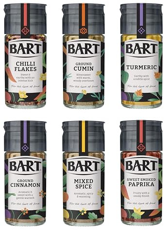 BART Essential Spices Bundle - Including Chilli Flakes, Turmeric, Ground Cumin & Cinnamon, Sweet Smoked Paprika & Mixed Spice (Bulk Buy Pack of 6)