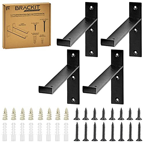 Brackit 4 Right Angle Shelf Brackets and Fixing Set Including Screws and Wall Anchors – 5 x 9” (225mm x 115mm) - Heavy Duty Rustic Black Scaffold L Shape Style