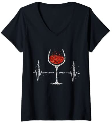 Damen Wein Weinglas Rotwein Weintrinker Herzschlag Geschenk T-Shirt mit V-Ausschnitt