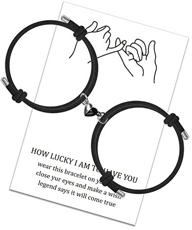 LUOKIFUR Herz Magnetisches Paar Passendes Armband Yin Yang Verstellbares Kordelarmband für Valentinstagsgeschenke für Freundin, Freund, beste Freunde (Black-Black(Heart))