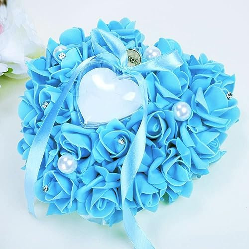 Ringkissen Hochzeit, Ringbox Hochzeit, Romantic Rose Band Herzform Ring Kissen Box mit feinem Strasssteinchen und Schleife Kissen für Hochzeitsringe für Eheringe Verlobung, 7 Farben, 18*17cm,Hellblau