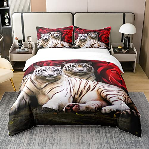 100% Baumwolle Tiger Bettwäsche Set 155x220,Jungen Rote Rose Blume Tröster Bezug,Afrikanische Safari Tiere Bettbezug,Groß Katze Wild Tier Haut Steppdeckenbezug,Romantische Garten Floral Zimmer Dekor