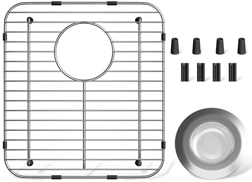 jkxoo Sink Protectors for Kitchen Sink 13.1’’x11.6’’x1’’, 304 Stainless Steel for Kitchen Sink Grate With Rear Drain, Sink Grate Sink Rack for Bottom of Sink with Sink Strainer