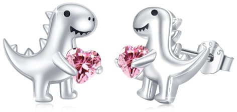 Dinosaurier Ohrringe Mädchen 925 Sterling Silber Dinosaurier Ohrstecker mit Hell Pink Herz Zirkonia Ohrringe Tier Ohrringe Dino Ohrringe Schmuck Geschenke Hypoallergen für Frauen Kinder Tochter