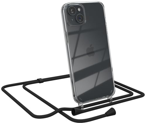 EAZY CASE Handykette kompatibel mit iPhone 15 Plus Handyhülle mit Umhängeband, Handykordel mit Schutzhülle, Silikonhülle, Hülle mit Band, Stylische Kette für Smartphones, Schwarz - Clips Schwarz