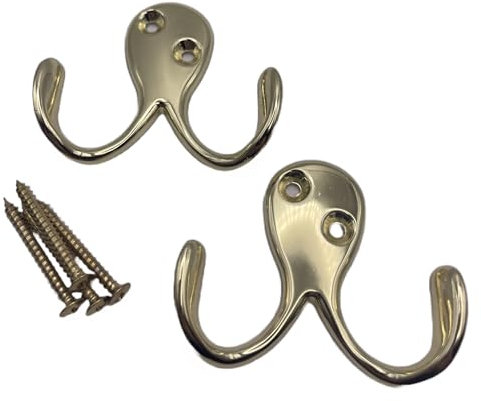 Aretro Polished Brass Gold Effect Two Pronged Coat Hooks Double Prong Wall Mounted Decorative Clothes Hat Hooks Robe Hooks Screw in Door Hooks for Kitchen Bedroom Wall Bathroom Hanging with Screws