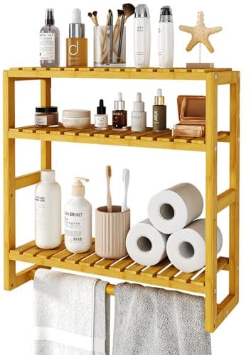 Bamworld Mueble de baño de bambú, 3 niveles, organizador de muebles de baño para la pared, ahorra espacio, moderno (bambú) (42 x 15 x 42 cm)
