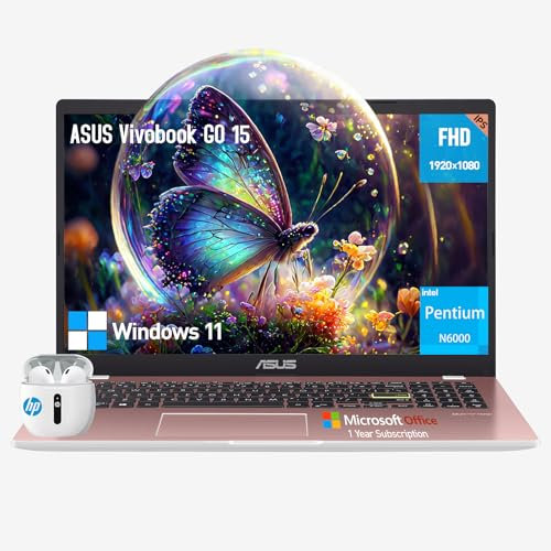 ASUS Vivobook Go 15 Computer portatile, 15,6 pollici IPS FHD Thin PC, Intel Pentium Sliver N6000, 4GB DDR4 RAM, 384 GB di archiviazione, 1 anno Office 365, Windows 11 Home, Wi-Fi 5, USB-C, Webcam,
