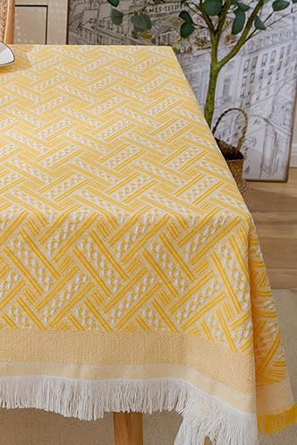 Baumwoll-Leinen-Tischdecke, rechteckiger Couchtisch, Quaste Spitze, Tischdecke, runde Tischdecke, Camping-Tischdecke, Küchentischdecke/328 (Farbe: T-förmig, gelb, Größe: 130 x 130 cm (geeignet