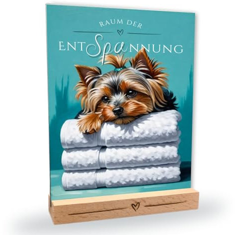 siviwonder Hundeschild Yorkshire Terrier Yorkie Entspannung Dog Schild Deko Badezimmer Holzständer Geschenkidee lustiger Spruch Hundemotiv Aluminium Wetterfestes Dekoschild