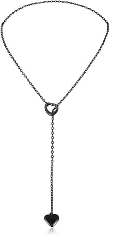 Manfnee Lariat Y Necklaces,Black Heart Necklace,Slip Chain Necklace Stainless Steel Cuban Long Necklace