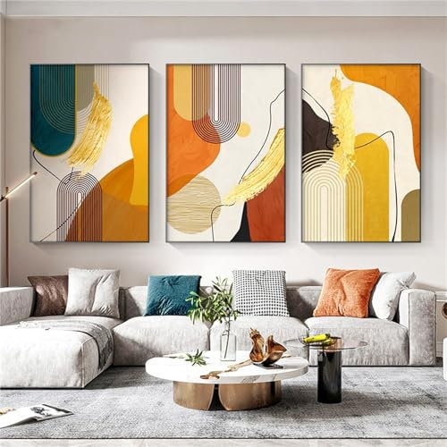 Herfair 3er Set Leinwand Poster, Modern Minimalistisch Gold Geometrie Art Wand Bilder, Geometrische Abstrakte Kunstdruck Wanddekoration Deko, Ohne Rahmen (21x30cm)