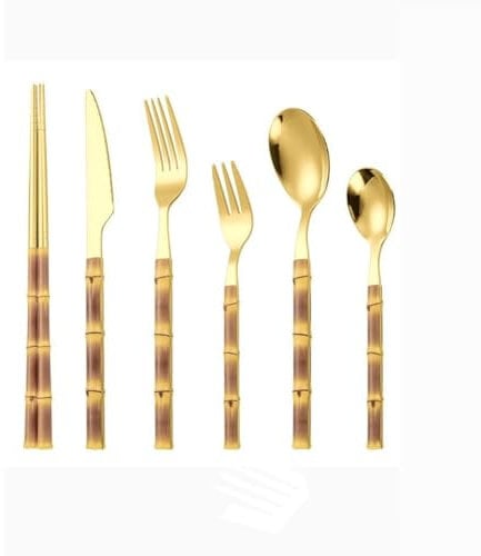 Royal Shang Youpin Featured Handle Kitchen Stainless Steel Silverware Tableware Flatware Cutlery Set Home Steak Knives Forks Spoons Dessert Spoon Chopsticks (Gold Yellow,6 pieces)