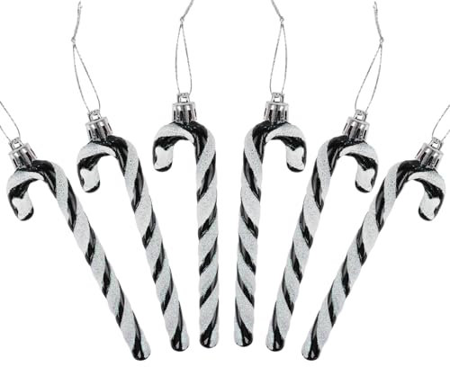 DERAYEE 6 PCS Christmas Glitter Candy Cane Plastic Candy Cane Christmas Tree Decorations for Xmas New Year Party Supplies (Black&White)