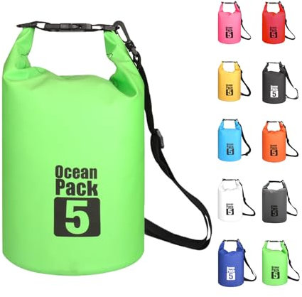 MORAINJAY 5L Wasserdichter Beutel, Grün Dry Bag 2L/5L/10L/15L/20L/25L/30L mit Verstellbarem Gurt, Schützt Telefon/Karte, Roll Top Wasserdichter Beutel Rucksack für Schwimmen/Rafting/Bootfahren