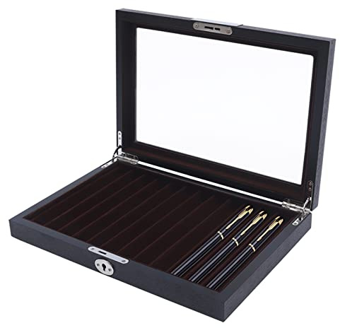 Boîte à crayons en bois pour 12 stylos / stylos à bille, boîte de rangement avec fenêtre en verre, pour la maison, le bureau et l'école, organisateur de stylos avec serrure