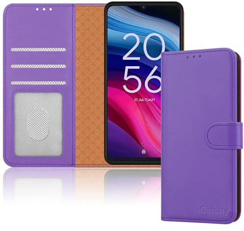 iCatchy For TCL 505 Case Leather Wallet Book Card Slots Magnetic Closure Kickstand Shockproof RFID Blocking Protective Phone Cover for TCL 505 (Lilac)
