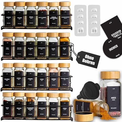Deco haus® Etagere a Epices Murale Sans Percer avec 24 Pot à Épices en Verre - Porte-épices Murale 4 Pièces - Étagère de Rangement de Cuisine pour Épices - etagere epices cuisine murale