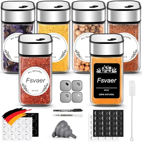 Fsvaer 6 Gewürzgläser Eckig,120ML Gewürzdosen Set mit Streueinsatz,Gewürzstreuer mit Drehdeckel-Starke Versiegelung,Edelstahl-Glas Gewürz Organizer inklusive Trichter, Etikett und Stift