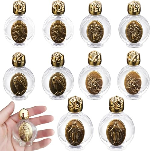 Botella de agua bendita, 10 unidades en relieve, contenedor de agua bendita vacía de vidrio con aspersor de agua bendita, frasco cristiano para regalo religioso, decoración del hogar y boda, tarro