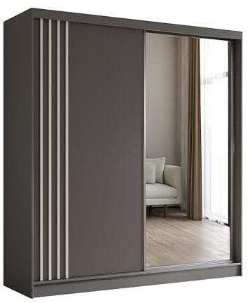 Margaret Hadas24 Kleiderschrank Neli mit Lamellen und Spiegel, Organizer, Mehrzweckschrank, Schwebetürenschrank, Garderobenschrank, Kleiderstange, Kleiderständer, Flurschrank, 200 cm, grau, weiß
