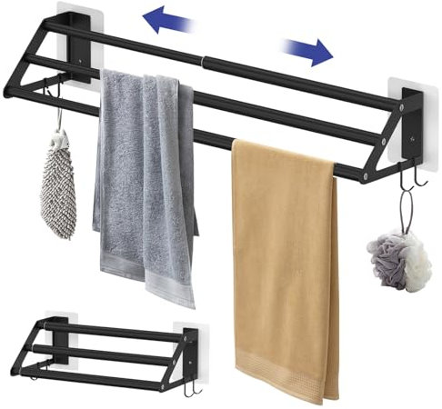 Porte-Serviettes Mural Extensible 34.5-62cm, Porte Serviette Murale Acier Inoxydable sans Forage et Forage, Seche Serviette Salle de Bain pour Cuisine, Hôtel, Salle de Bains(Noir)