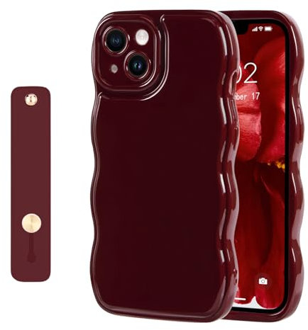 NITITOP Compatible with iPhone 14 Plus Case Cute Burgundy Simple Wave Design Stylish Wavy Curly Frame with Wrist Adjustable Hand Strap Kickstand Grip Holder Protective Cover-Wine Red