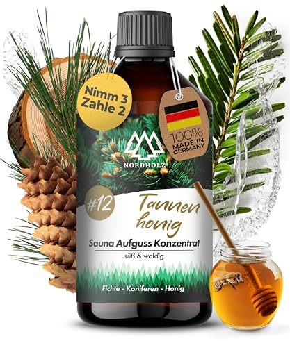 NORDHOLZ® Saunaaufguss 250ml [60 Sorten] Sauna Aufgussmittel Konzentrat | Sauna Duft · #12 Tannenhonig · Fichte, Koniferen & Honig · waldig & warm · Mit ätherischen Ölen · Made in Bayern