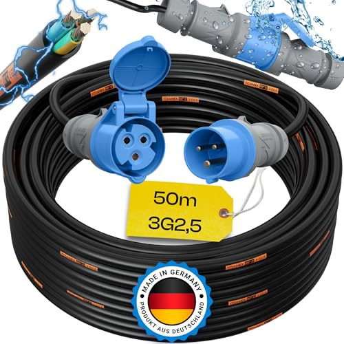 maxgo Camping Stromkabel 50m Wohnwagen Kabel Wohnmobil CEE Stecker TITANEX Verlängerungskabel 3 Polig 3x2,5 Campingkabel 50 Meter Strom Verlängerung H07RN-F Outdoor Mennekes