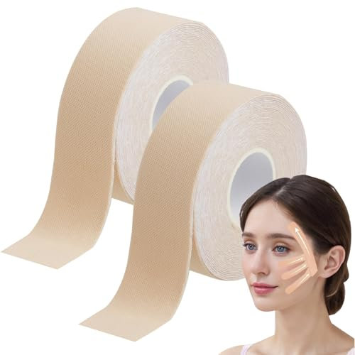 2 Pièces Rouleaux de 2,5 cm x 5 m Face Lift Tape, Ruban de Lifting Facial, Bande Adhésive pour Raffermissement du Visage, Tape de Kinesiologie Anti-Rides, Effet Lifting Instantané et Durable