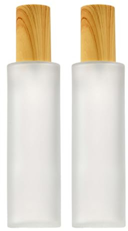2 botellas vacías de vidrio esmerilado transparente con tapa de grano de madera de plástico, dispensador de esencia de emulsión para maquillaje, cosméticos, crema, emulsión, esencia, frascos de