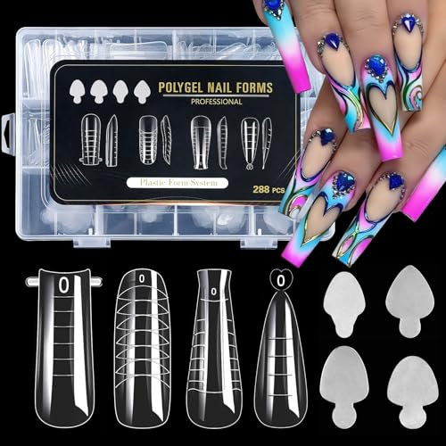 JSRQT 288Pcs Clear Dual Nail Forms Kits,Poly Gel Nail Extensions,Reusable Silicone Nail Mold Pads,Full Cover Tips Stickers for Art Design,4 Styles 12 Sizes