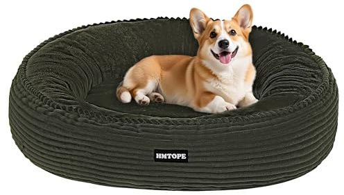 HMTOPE Hundebett Mittelgroße Hunde, Katzenbett Waschbar, Ø70cm Olivgrün | Kuscheliges Hundekissen, Cord Hundekorb, Donut Hundesofa zur Bekämpfung von Angstzuständen, Abnehmbar Bezug & Rutschfest