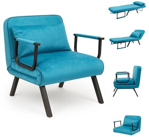 CROWNSHOP Folding Sofa Bed 4-in-1 Convertible Single Sofa Chair Bed with 6-Position Backrest and Pillow, Folding Sleeper Couch with Back Upholstered Seat Single Flip Chair for Living Room Blue