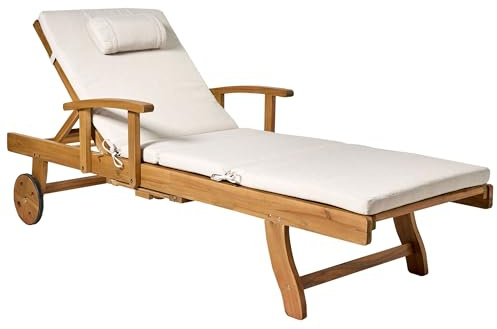 Beliani Garden Sun Lounger Acacia Wood Reclining with Castors Light Beige Cushion Java Premium