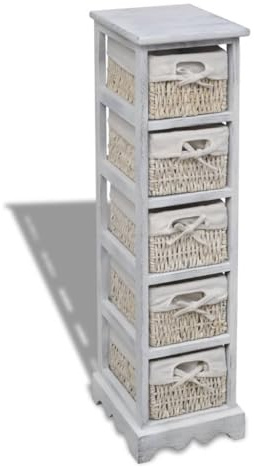 WRJENFSC Weißer Schrank mit 5 Körben aus Paulownia Holz 25x28x90 cm Robuster Aufbewahrungsschrank für Küche Wohnzimmer und Garten