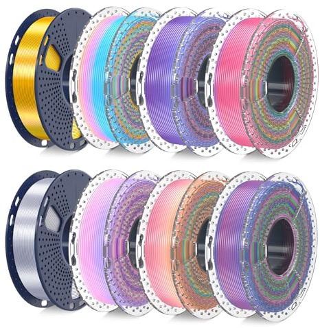 SUNLU 250G*8 Silk Filament Bündel, Schneller Farbwechsel alle 8 Meter, Mehrfarbiges Silk PLA+ 3D Druckerfilament, 250g pro Spule, 8 Rollen, 2KG Gesamt, Silk Rainbow*6+Hellgold+Silber