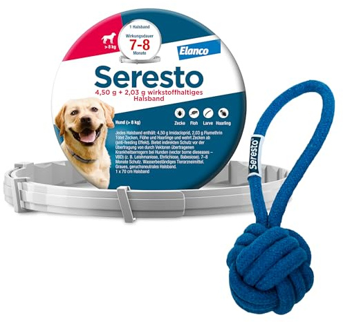 Seresto Zeckenhalsband für große Hunde ab 8kg mit Wurfball | Promo-Set für zuverlässigen Schutz gegen Flöhe und Zecken. Geruchsneutrales Halsband für große Hunde. Wirkt vor dem Stich.