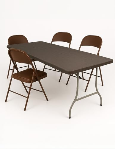 Jardin202 - Mesa Plegable Rectangular 180x70x74cm Catering | Mesa Resina con Patas de Acero Plegable para Eventos y terrazas | + 4 Sillas (Marrón)