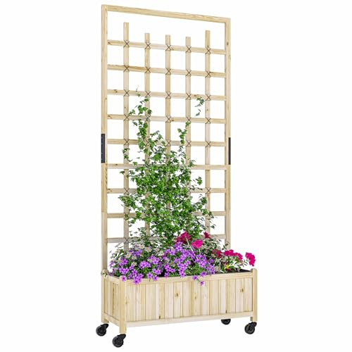 Outsunny Jardinière avec treillis, bac à fleurs avec roues, lit surélevé, pour plantes grimpantes, légumes, fleurs, bois massif, intérieur et extérieur, cour jardin balcon, 82,5x35x186cm, bois naturel