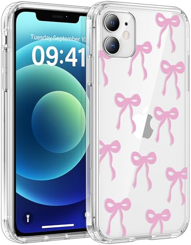 Natiiozie Compatible with iPhone 12 Case,Bow Case Ribbon Aesthetic Phone Cover, Anti-Yellowing PC Hard Back Anti-Fingerprint Shockproof Women's Case, Transparent Pink