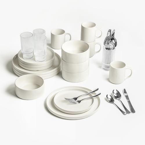 Stone Lain 40-Piece Dinnerware Set, Service for 4 White Porcelain Plates, Bowls & Mugs, Ribbed Stackable Glassware, 20 Piece Stainless Steel Flatware,