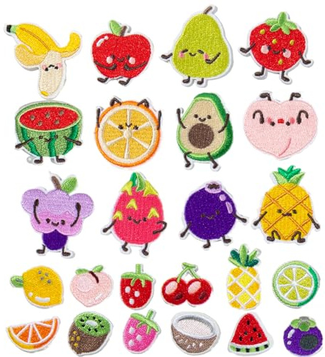 NYVOR Patches zum Aufbügeln 24 Stück Früchte Bügelflicken, Farbenfroh Bügelbilder für Textilien, Leuchtende Farben Bestickte Aufnäher für Erwachsene Kinder Aufnähen oder Aufbügeln Kleidung Rucksäcke