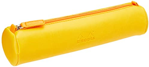 RHODIA 318996C - Rhodiarama Daffodil Round Pencil Case - 21.5 x 5.5 cm - Genuine Orange Stitching - Ivory Jersey Interior - Faux Leather - Storage for Pens, Pencils, Markers, Small Supplies
