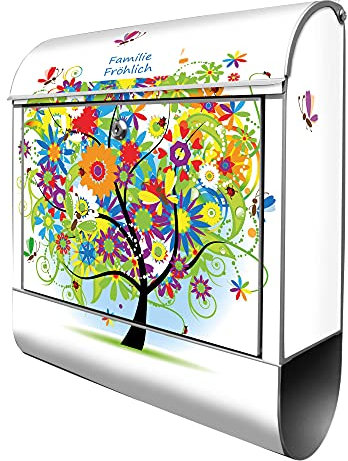 banjado Design Briefkasten mit Zeitungsfach 38,5 x 46,5 x 13cm / Postkasten mit Zeitungsrolle/Stahl Briefkasten bunt/Wandbriefkasten A4 Einwurf, Montagematerial, 2 Schlüssel – Märchenzauberbaum