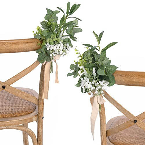 Ling's moment 8 White Aisle Pew Artificial Flowers Arrangements Babysbreath for Wedding Ceremony Chair Back Floral Decorations with Chiffon Ribbons Sage Green Reception Church Rose Fake Party Outdoor