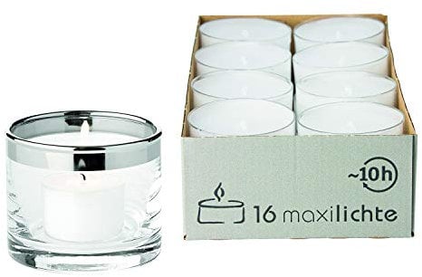 EDZARD - 16 maxi lumini, con portacandele antivento Molly (Ø 70 mm, 10 ore), bianco, in paraffina, lumini in vetro, lumini notturni, con portacandele in vetro, candele e lumini grandi