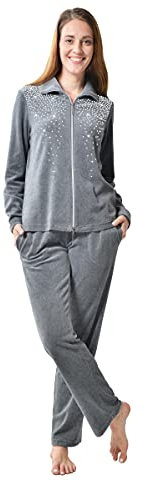DeSen Donna Tuta in Velluto di Ciniglia da casa Tempo Libero,Velluto Tuta da Ginnastica,Tute Donna per Jogging Training Sportiva Casual Pigiama,con Chiusura Lampo e Strass(40-42,Grigio Melange)